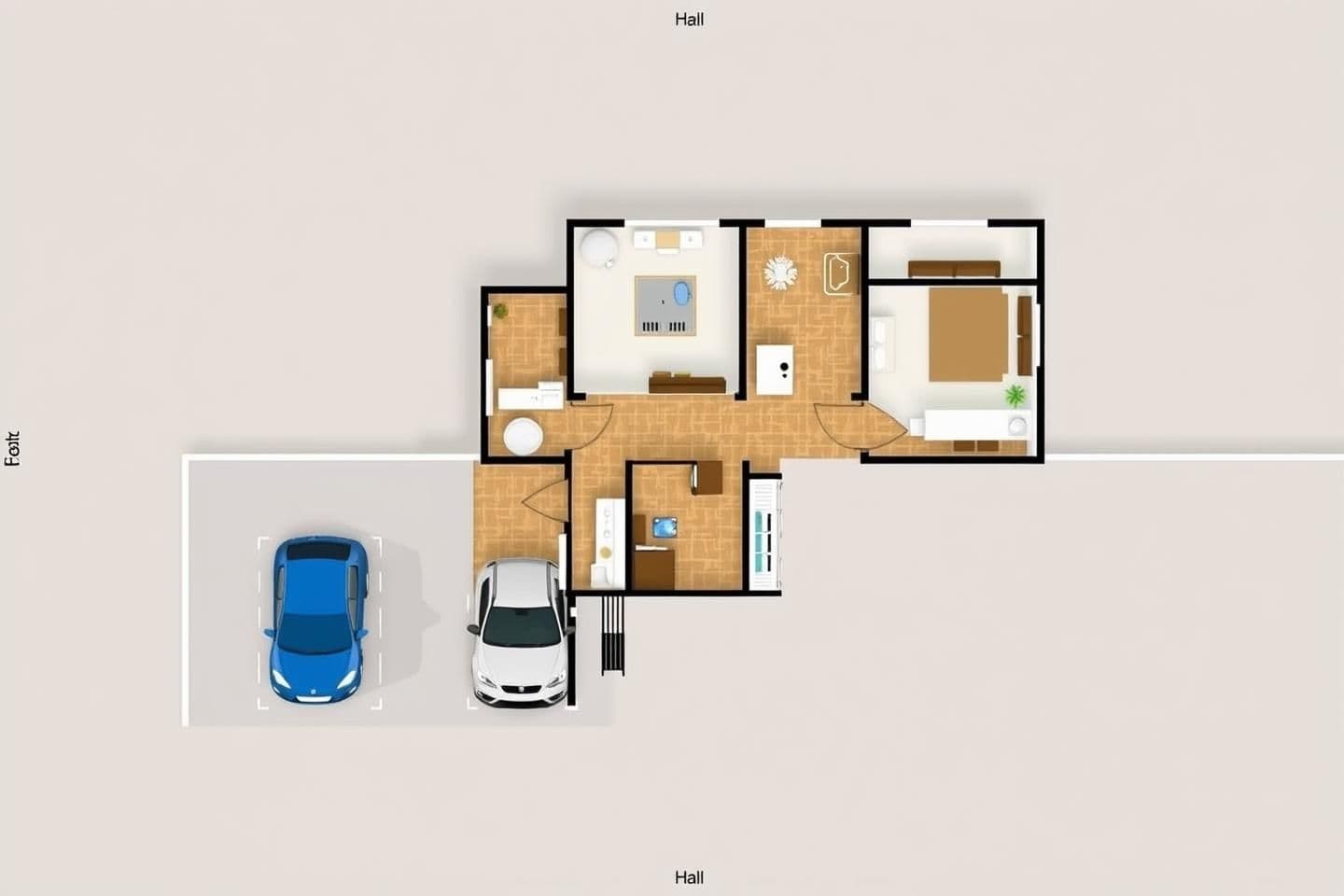 AI generated: A house plan for 3 bedroom with attached toilet, 1 kitchen with dining area, car parking, remain space as hall. plot size east to west 70 feet, north to south 30 feet. 1 entry gate
