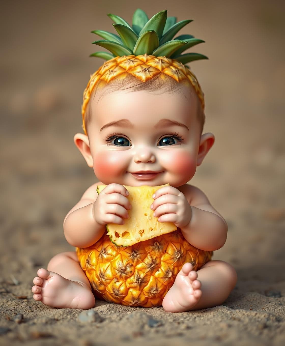 AI generated: A cute baby boy sitting like a human, but his body is shaped like a pineapple. The pineapple has a golden-yellow textured body with a green spiky crown on top like hair. The pineap