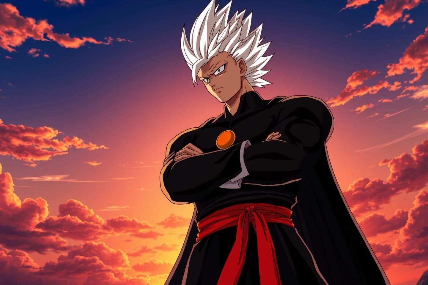 AI generated: Anime-style character inspired by Dragon Ball Grand priest, standing confidently with arms crossed against a bright sunset sky with clouds. The character has tall, spiky white hair