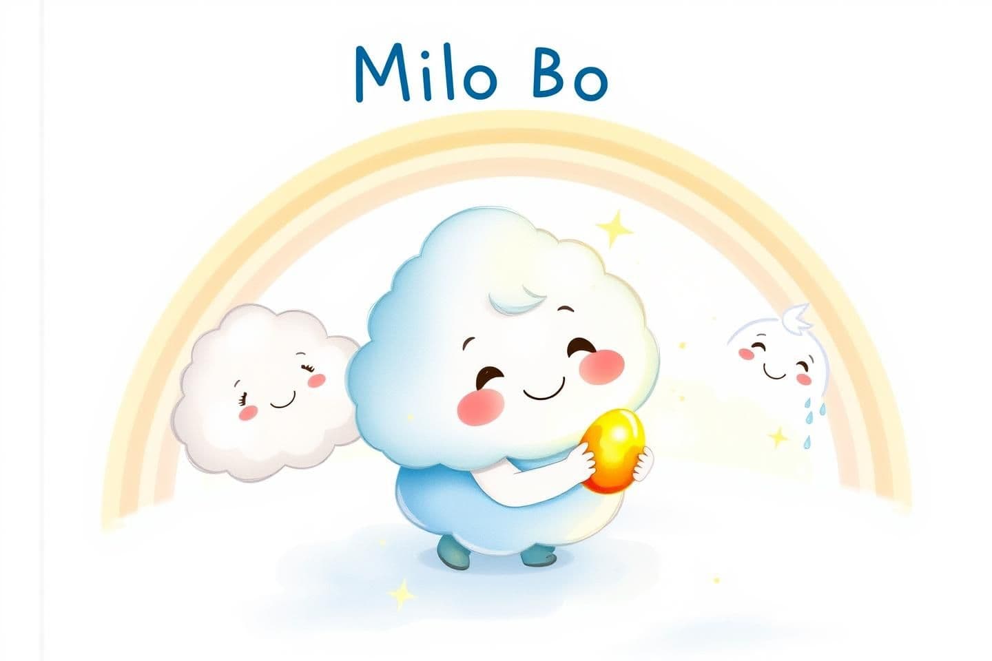 AI generated: Cute children’s book cover illustration of a small fluffy cloud named Milo, smiling gently while holding a glowing golden sky-stone. Three cloud friends behind him: Luna (moon-shap