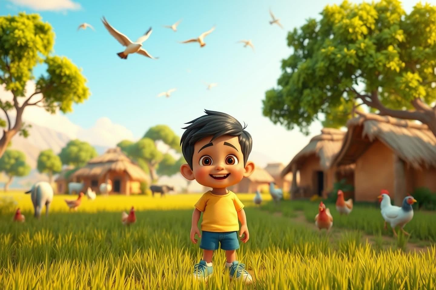 AI generated: A bright and colorful 3D cartoon village scene. A cute 7-year-old boy named Rohan standing happily in the middle of the field. He is playful, kind, and looks a little mischievous.