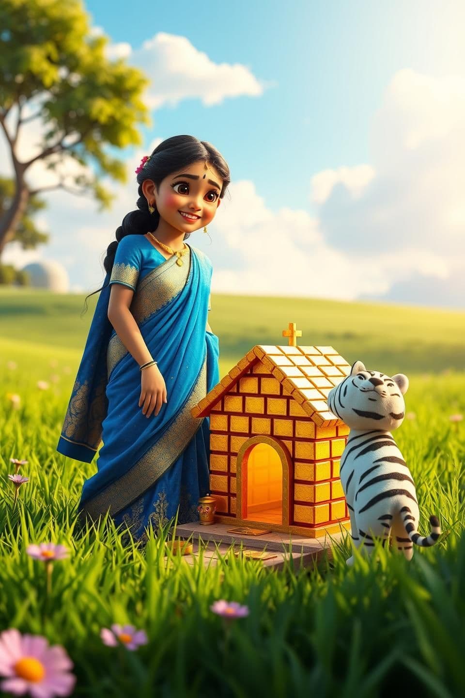 AI generated: “A beautiful Indian girl wearing a bright blue saree with golden embroidery, smiling while building a small house made entirely of shiny gold bricks in an open green field. The sce