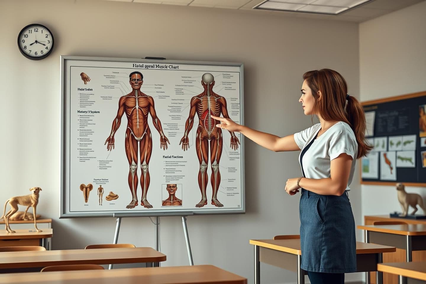 AI generated: A photorealistic rendering showcases a biology classroom. Focus is on a detailed anatomical chart illustrating the human muscular system. A clothed female student stands adjacent,