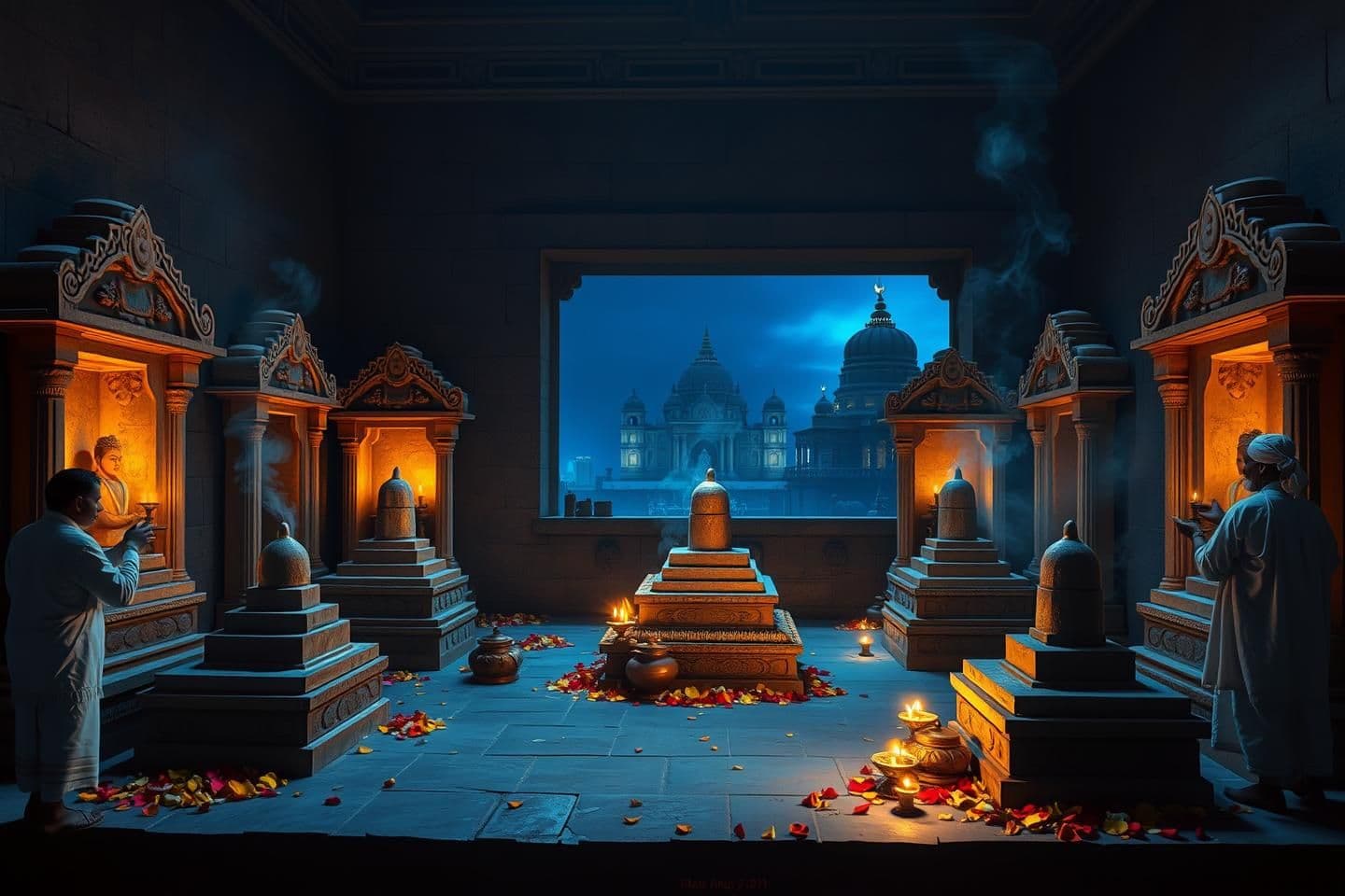 AI generated: A wide cinematic 16:9 scene showing seven ancient Shiva Lingams placed in individual small stone shrines inside a sacred Kashi temple courtyard. The entire background has a deep da
