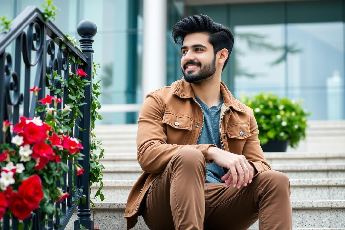 AI generated: A handsome young man(reference image), is sitting on outdoor stairs. He has dark hair and a beard, and he's wearing a brown jacket, brown pants, and white shoes. To his side, there