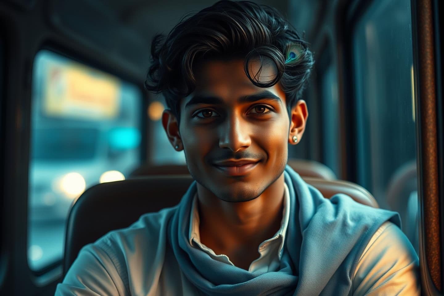 AI generated: A 23-year-old handsome Indian man sitting in a dimly lit bus, wearing a simple white cotton shirt and a light blue stole, subtle curls in hair, small glowing peacock-feather earrin