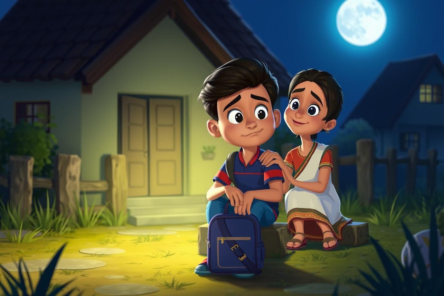AI generated: 3D cartoonish rural night scene with Neel sitting sadly outside the house, holding his school bag. Arya sits beside him with a comforting hand on his shoulder, both under moonlight