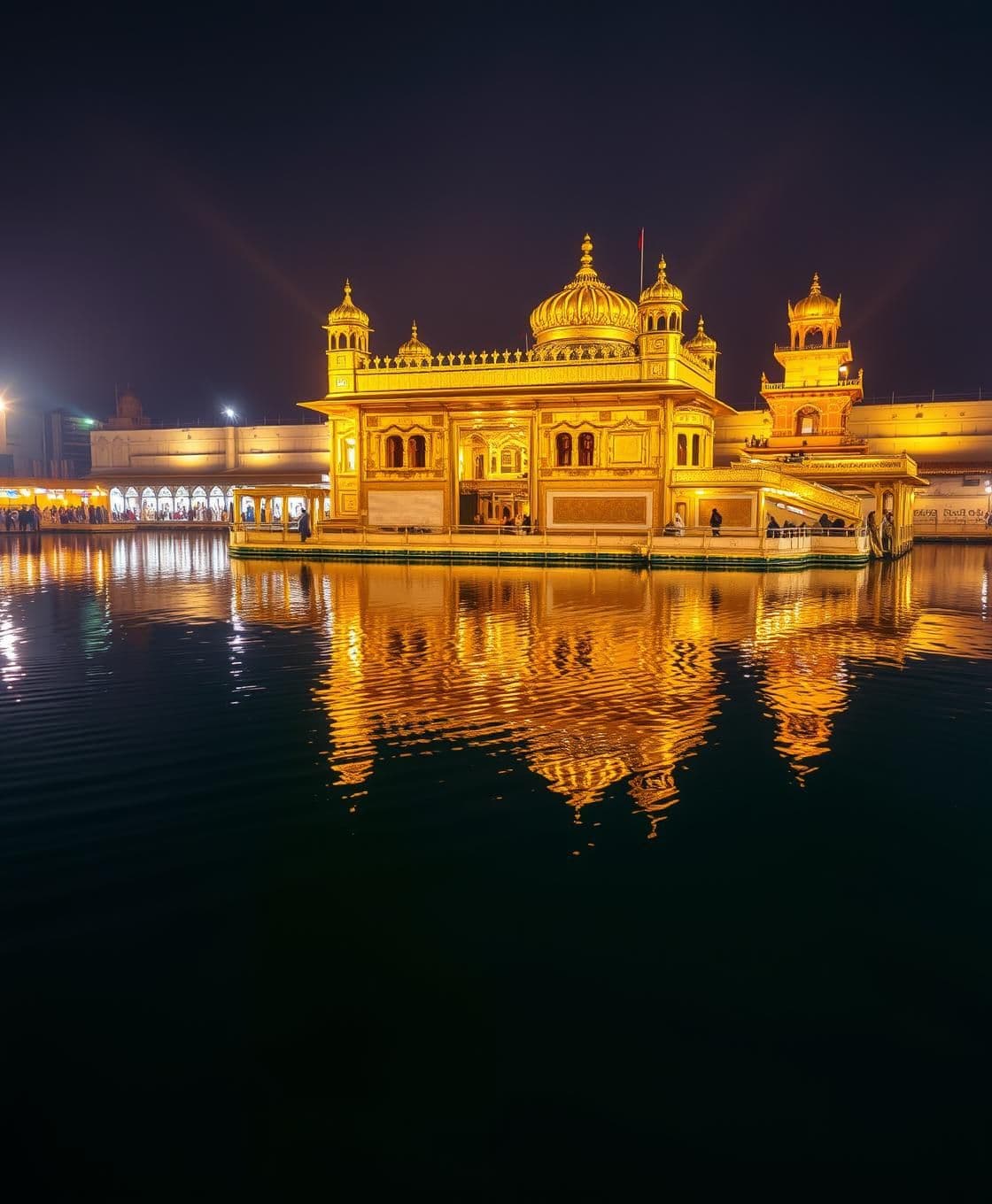 AI generated: Golden Temple (Sri Harmandir Sahib) at night, glowing golden lights reflecting on the calm water of the holy Sarovar, crystal-clear reflections, peaceful atmosphere, detailed archi