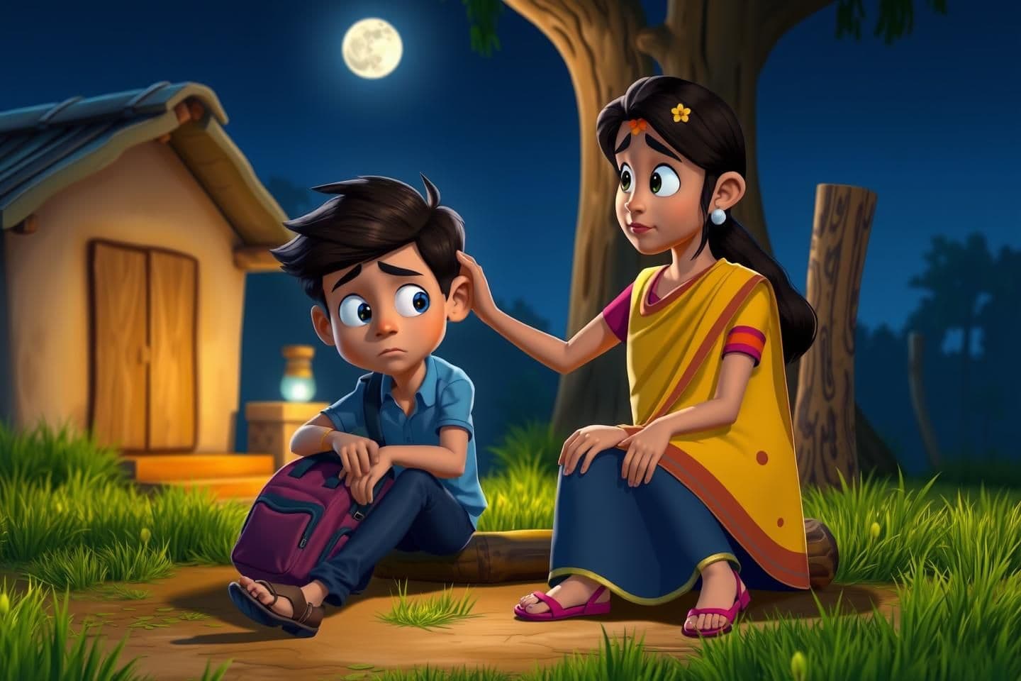 AI generated: 3D cartoonish rural night scene with Neel sitting sadly outside the house, holding his school bag. Arya sits beside him with a comforting hand on his shoulder, both under moonlight