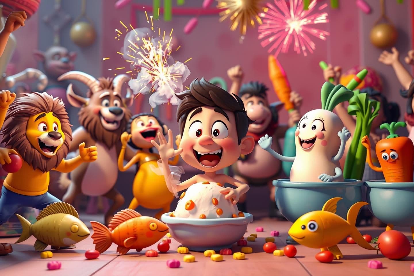 AI generated: A chaotic, hilarious 3D animated party scene. In the center, a cartoon character has just eaten a 'laddu' and has comical smoke and firework sparks shooting out of their ears with