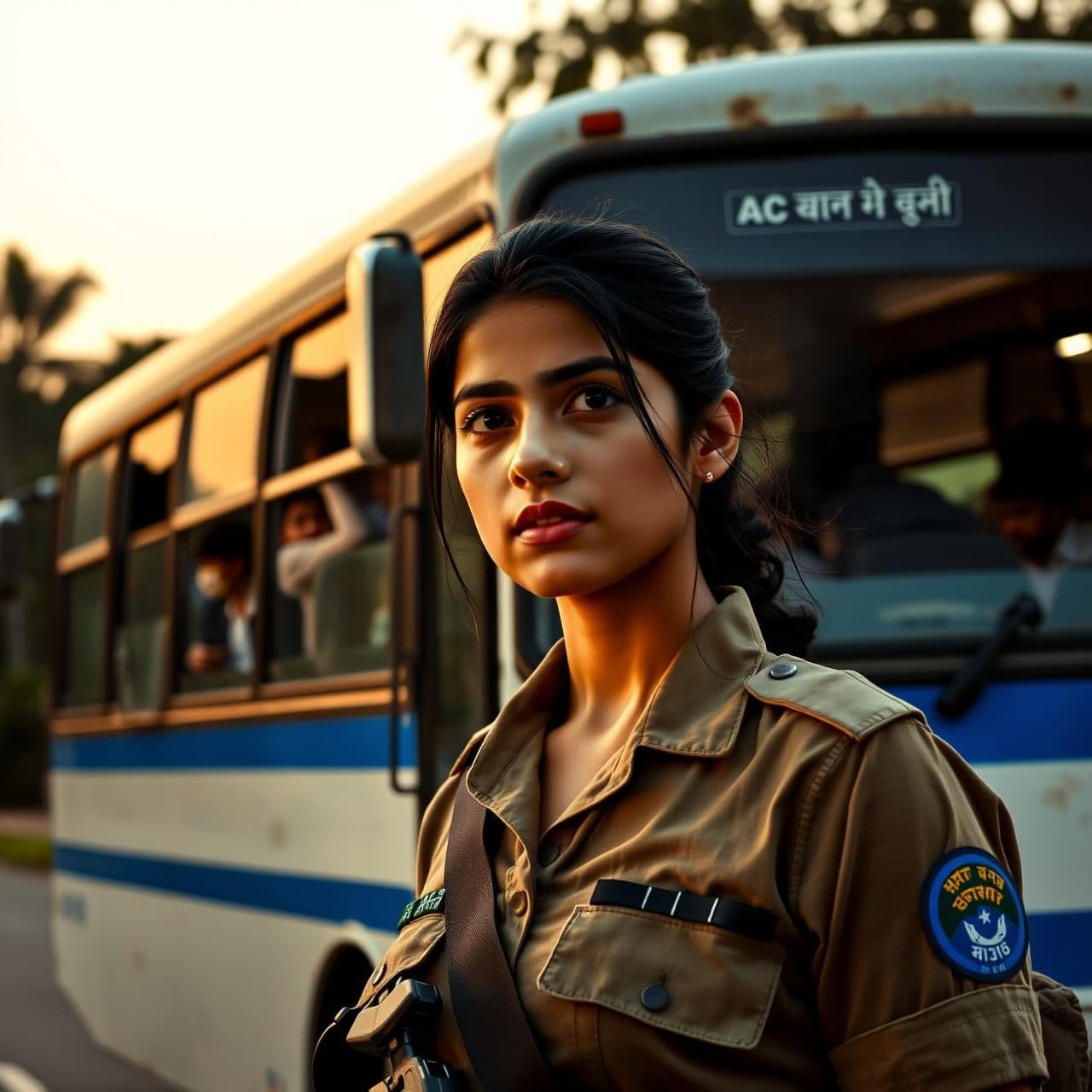 AI generated:
“Realistic cinematic scene of Indian Army girl Aisha Singh, age 22, wearing SAME Indian Army combat uniform in all scenes, standing on a road at evening. In front of her is the SA