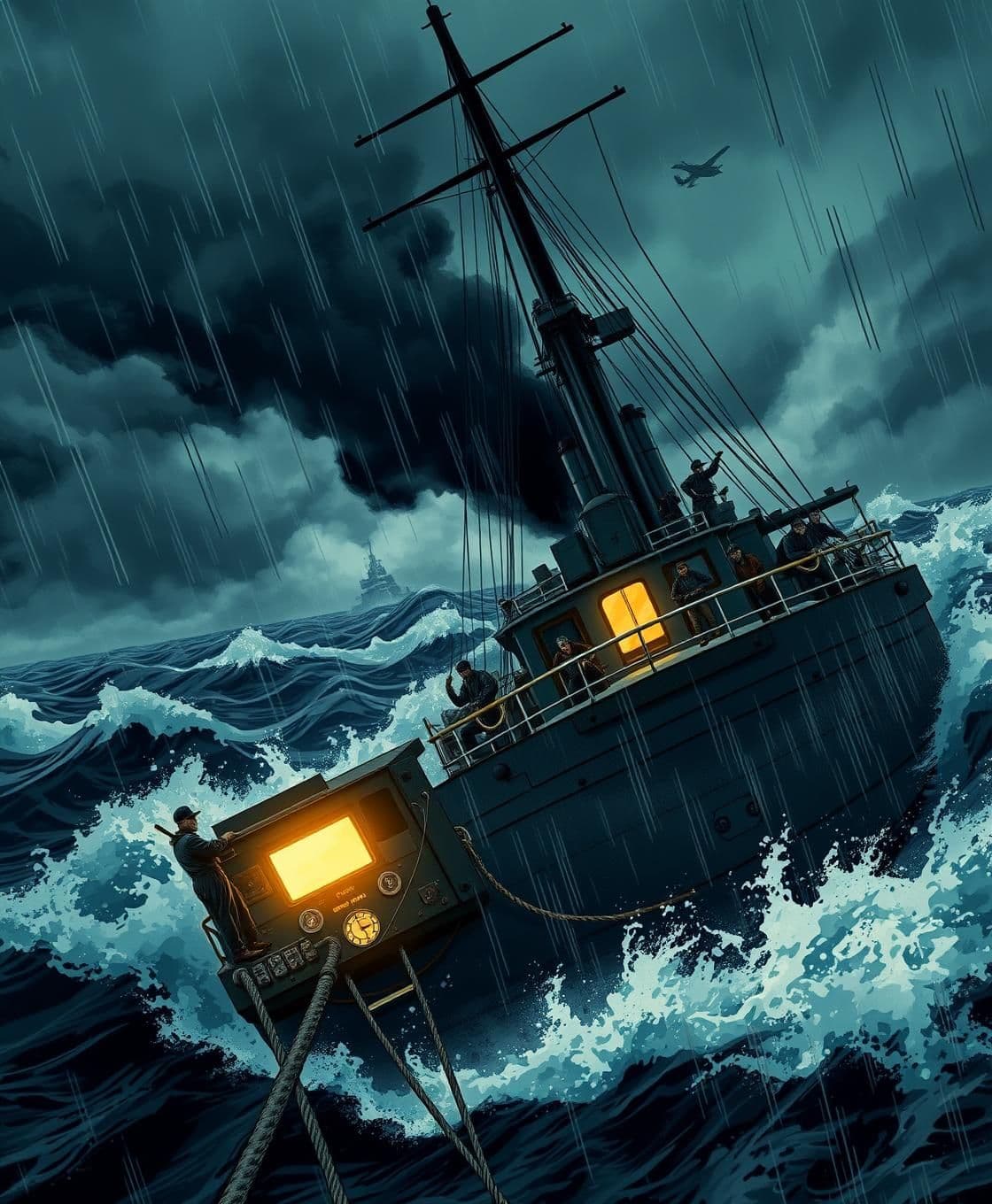 AI generated: A dramatic, stormy sea scene with a 1940s military ship (the Belvaria) rocking violently on dark, churning waves. Thick dark clouds fill the sky, wind blowing and rain falling. On