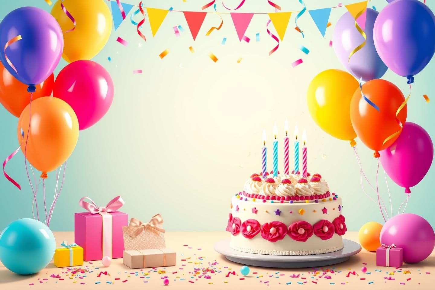 AI generated: A cheerful and colorful birthday party invitation design featuring festive decorations such as balloons, confetti, streamers, and a beautifully decorated birthday cake with candles