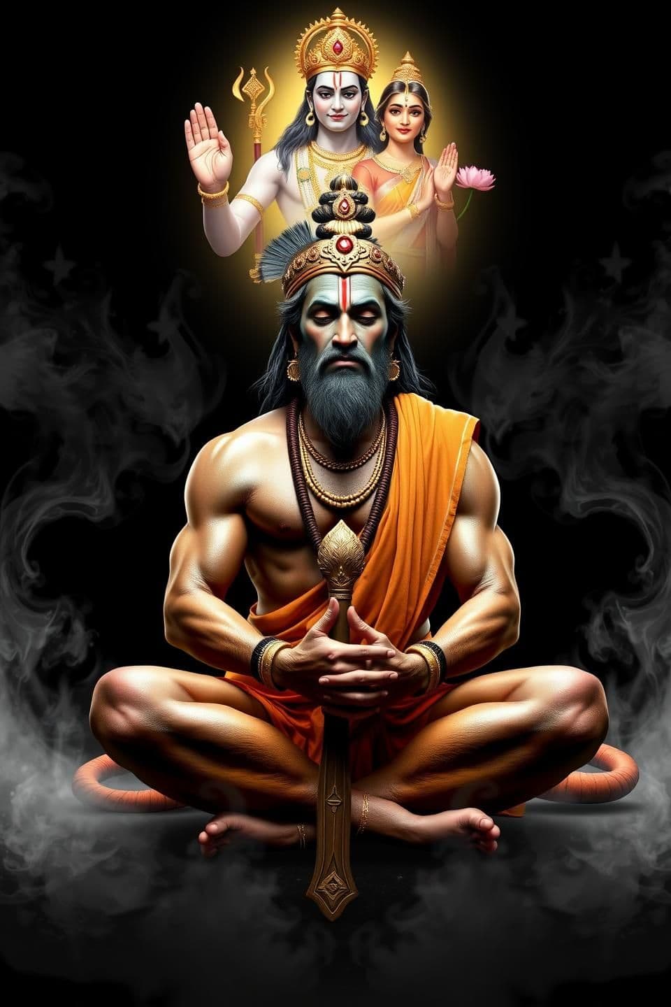 AI generated: Create an ultra-realistic, highly detailed, full-body portrait of Lord Hanuman sitting on the ground in a deep meditative pose with hands folded in front of his chest. His gada (ma