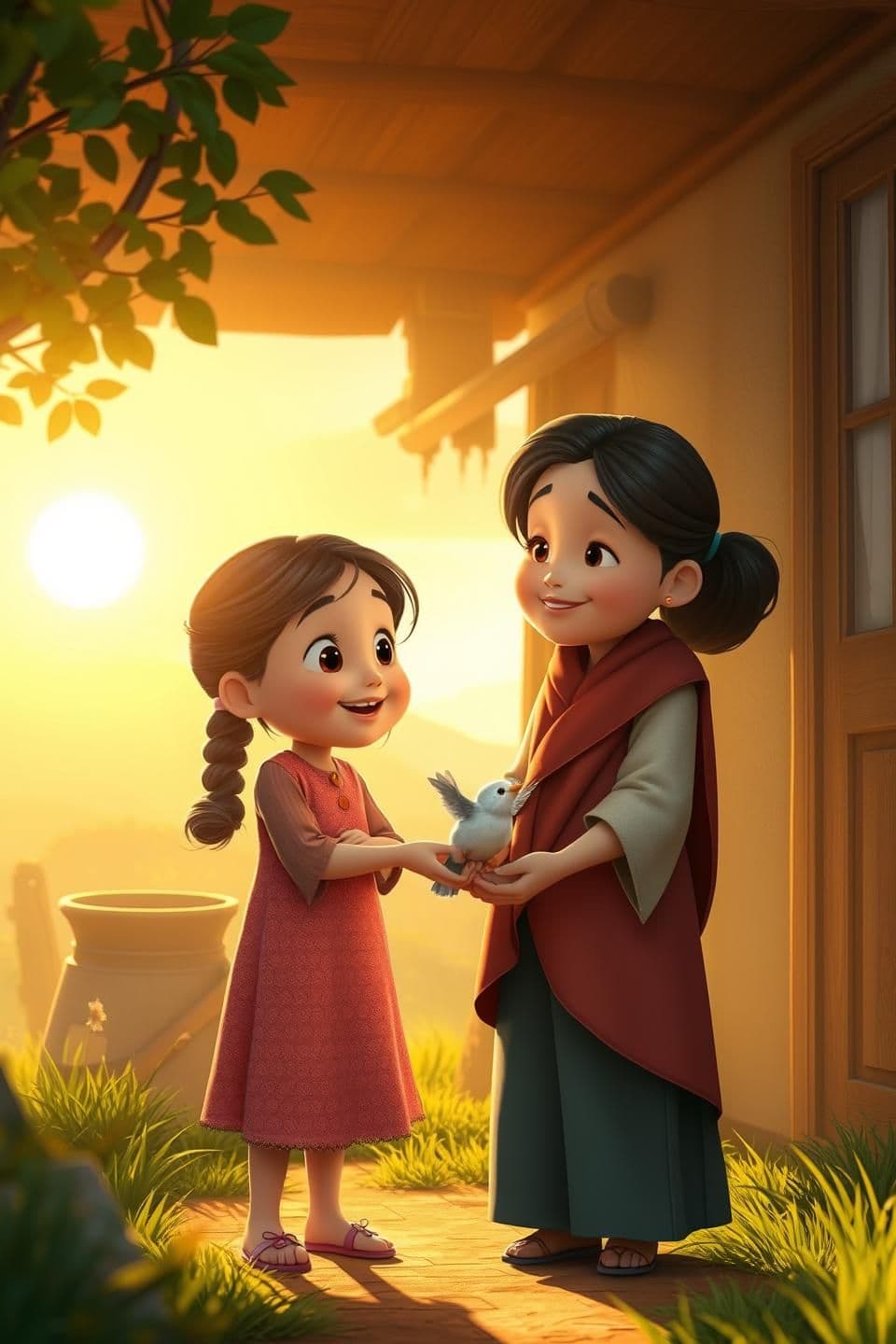 AI generated: A small girl talking to her mother in a simple village home,
soft morning light, emotional atmosphere, Pixar style, ultra HD, no textA kind mother smiling at her daughter, warm sun
