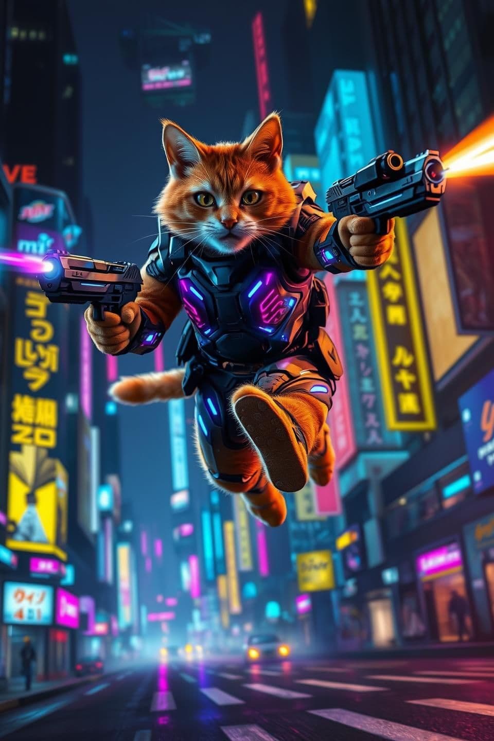 AI generated: Ultra-realistic cyberpunk concept art of an anthropomorphic orange tabby mercenary mid-leap through a neon-lit futuristic city at night. The cat wears a sleek high-tech bodysuit wi