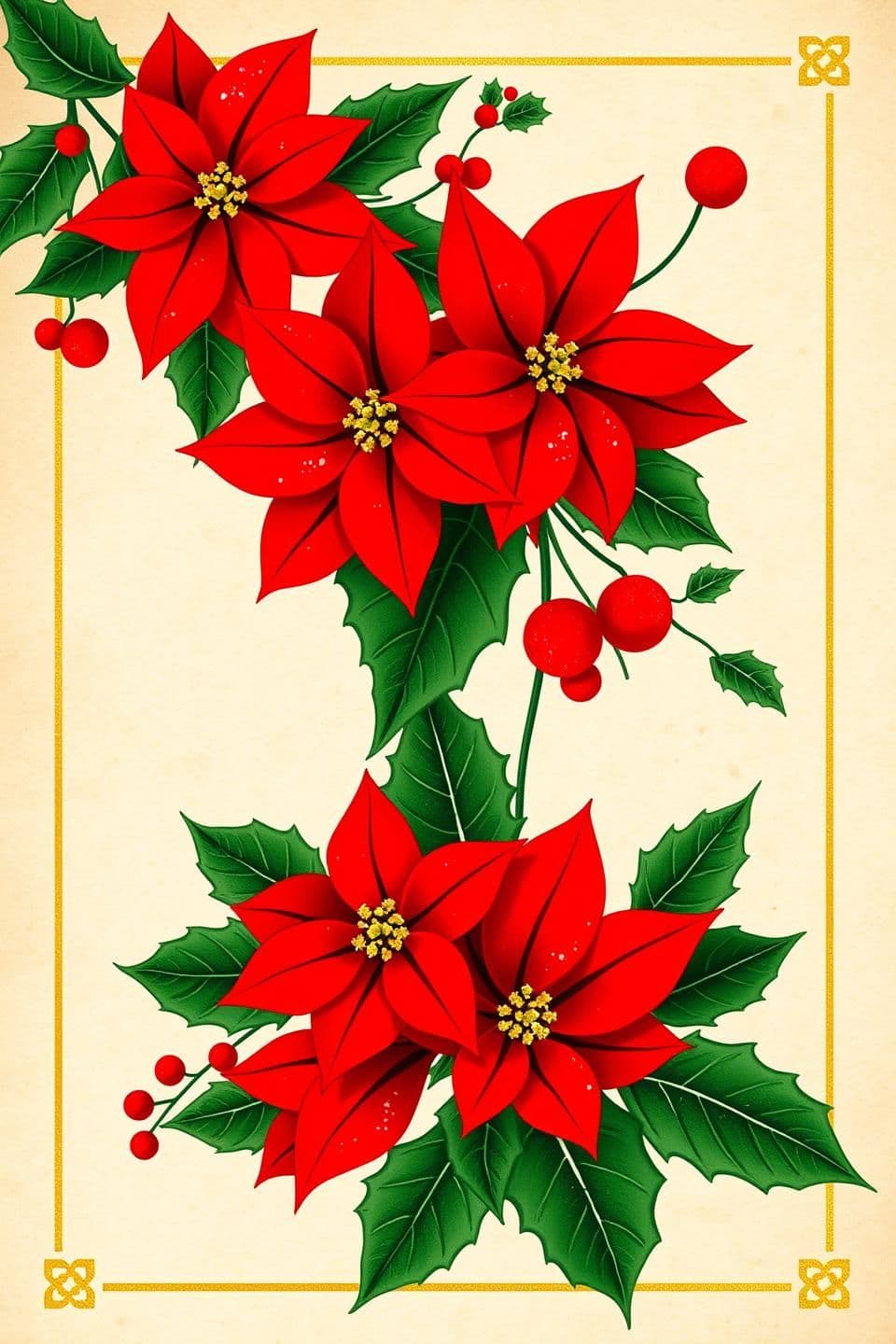 AI generated: A background design resembling a 1950s or 1960s holiday greeting card. Stylized illustration of red poinsettias, sprigs of holly, and gold metallic accents on a slightly textured p