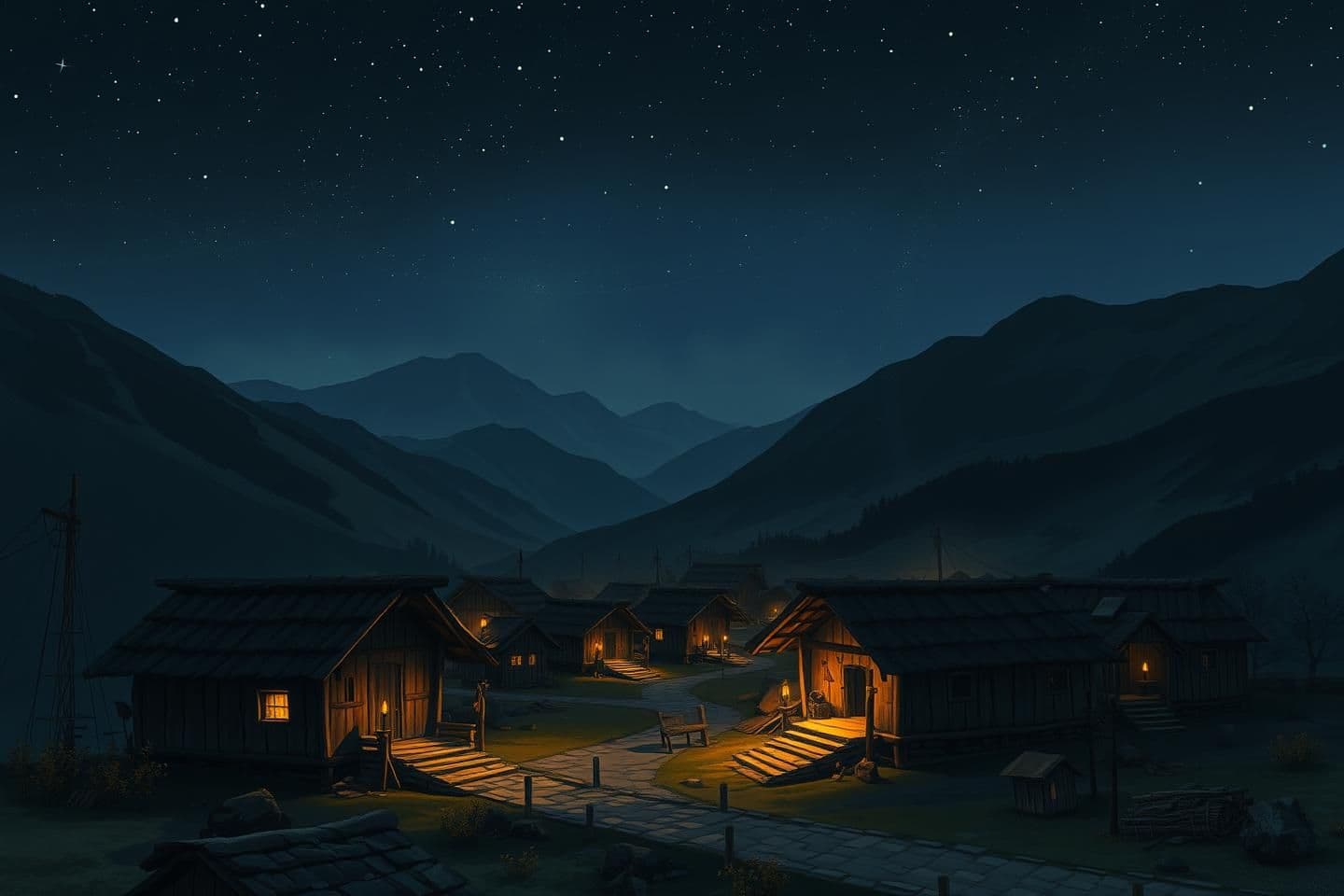 AI generated: A peaceful mountain village at night during a blackout, only small candlelights glowing softly inside a few huts, surrounded by hills and stars above, cinematic wide shot, Arcane-i