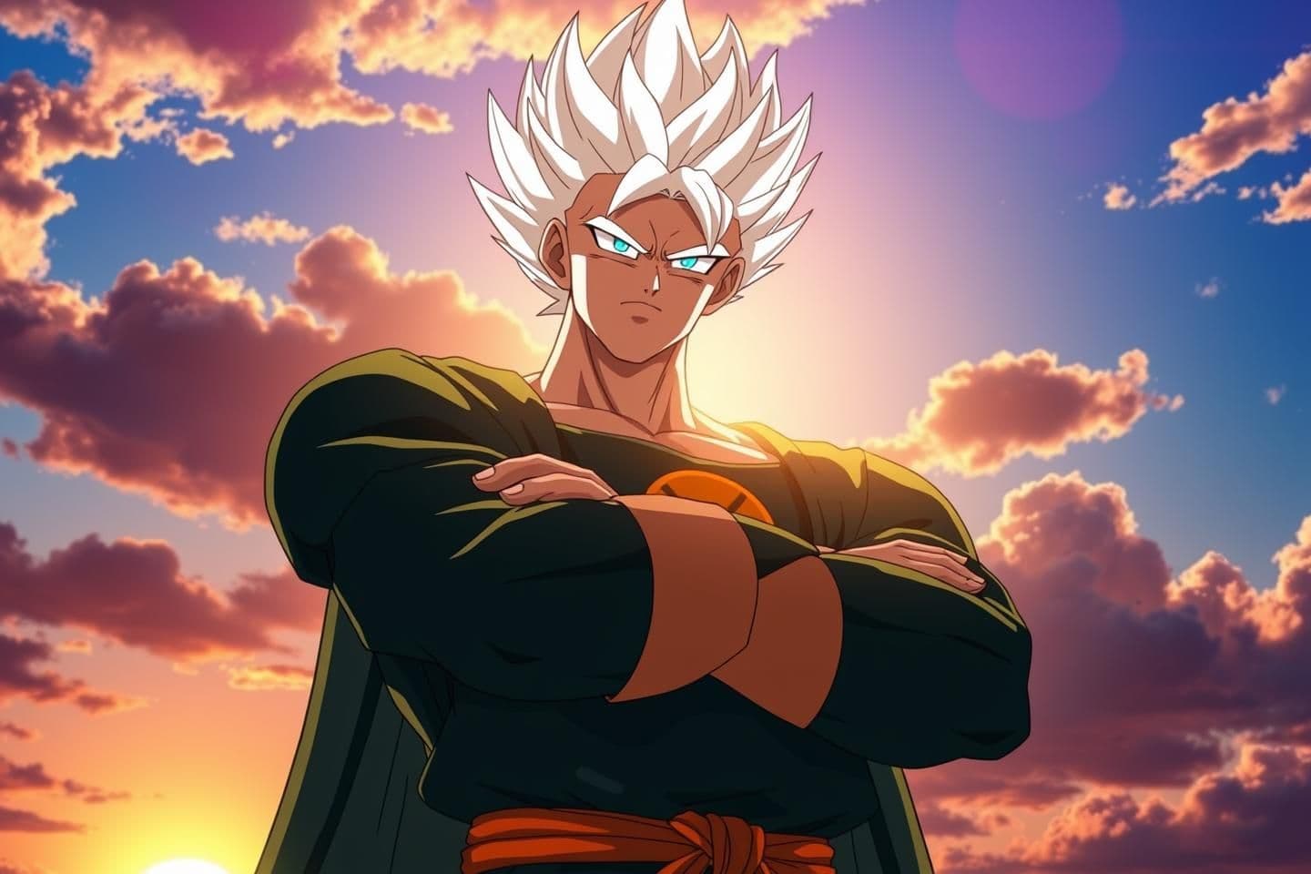 AI generated: Anime-style character inspired by Dragon Ball Grand priest, standing with arms crossed against a bright sunset sky with clouds., spiky white hair glowing slightly, sharp facial fea