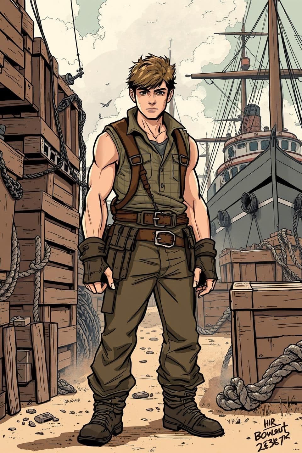 AI generated: “Seventeen-year-old Dax stands in a gritty harbour scene, illustrated in bold Western comic style with strong linework and dramatic shadows. He has the physique of someone who’s w