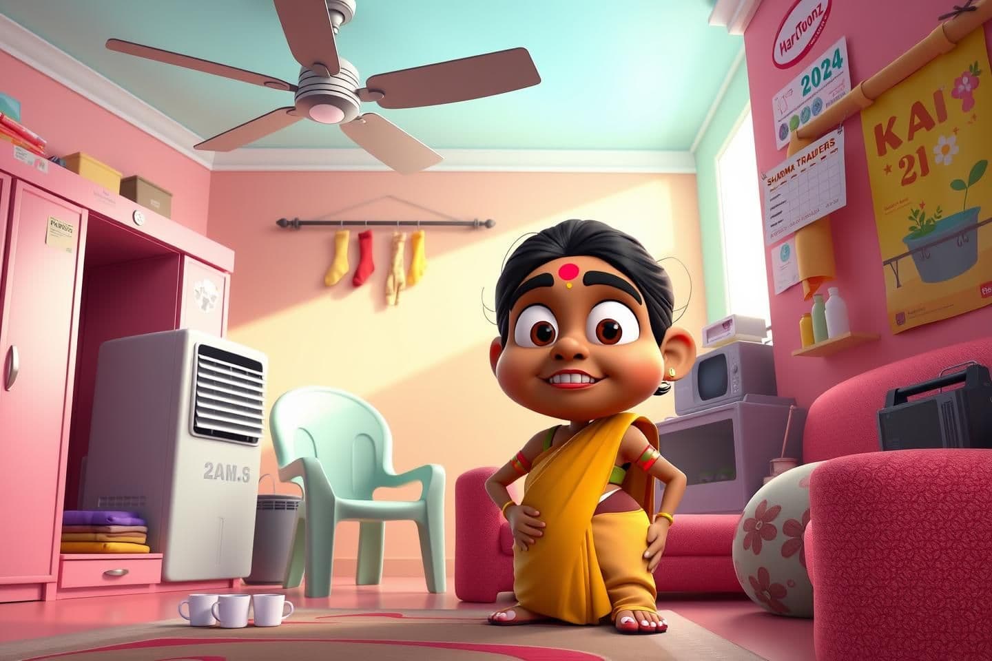 AI generated: A vibrant, exaggerated 3D digital cartoon scene in HardToonz × Taarak Mehta humor style — showcasing a warm, oversaturated desi color palette (pinks, sky blues, mint greens, yellow
