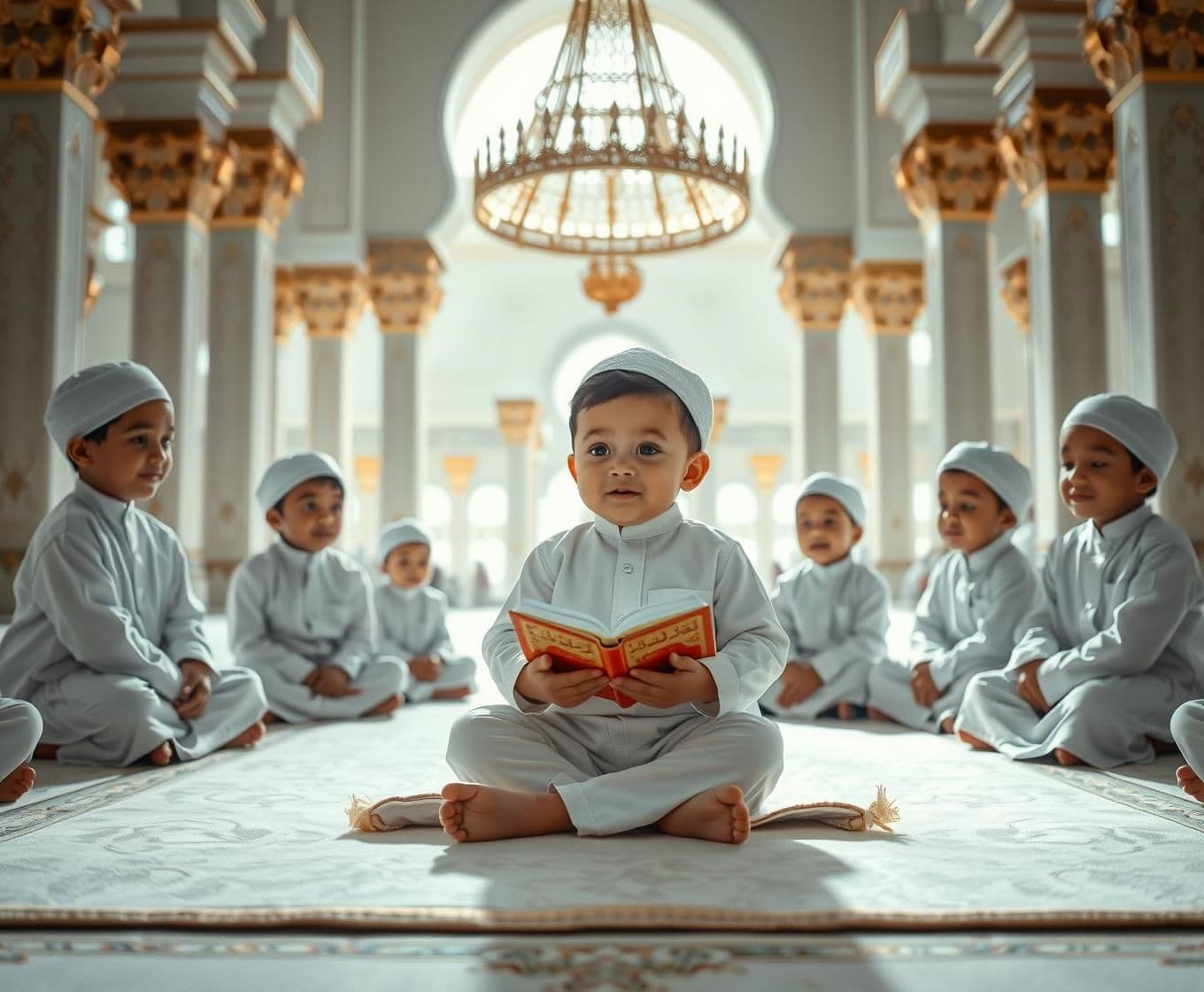 AI generated:
“A hyper-realistic, crystal-clear 8K vertical cinematic Islamic scene inside Masjid-e-Nabawi.
In the center, a 1-year-old extremely cute Muslim baby boy is sitting gracefully on a
