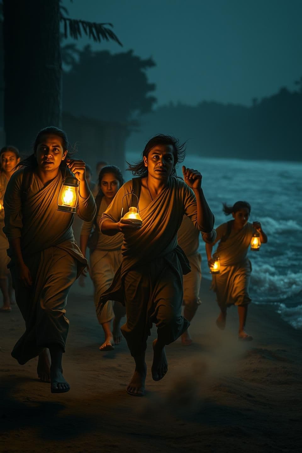 AI generated:
Several villagers in simple traditional Indian rural clothing rush toward the riverbank with fear on their faces. They carry lanterns and torches that cast warm, flickering light