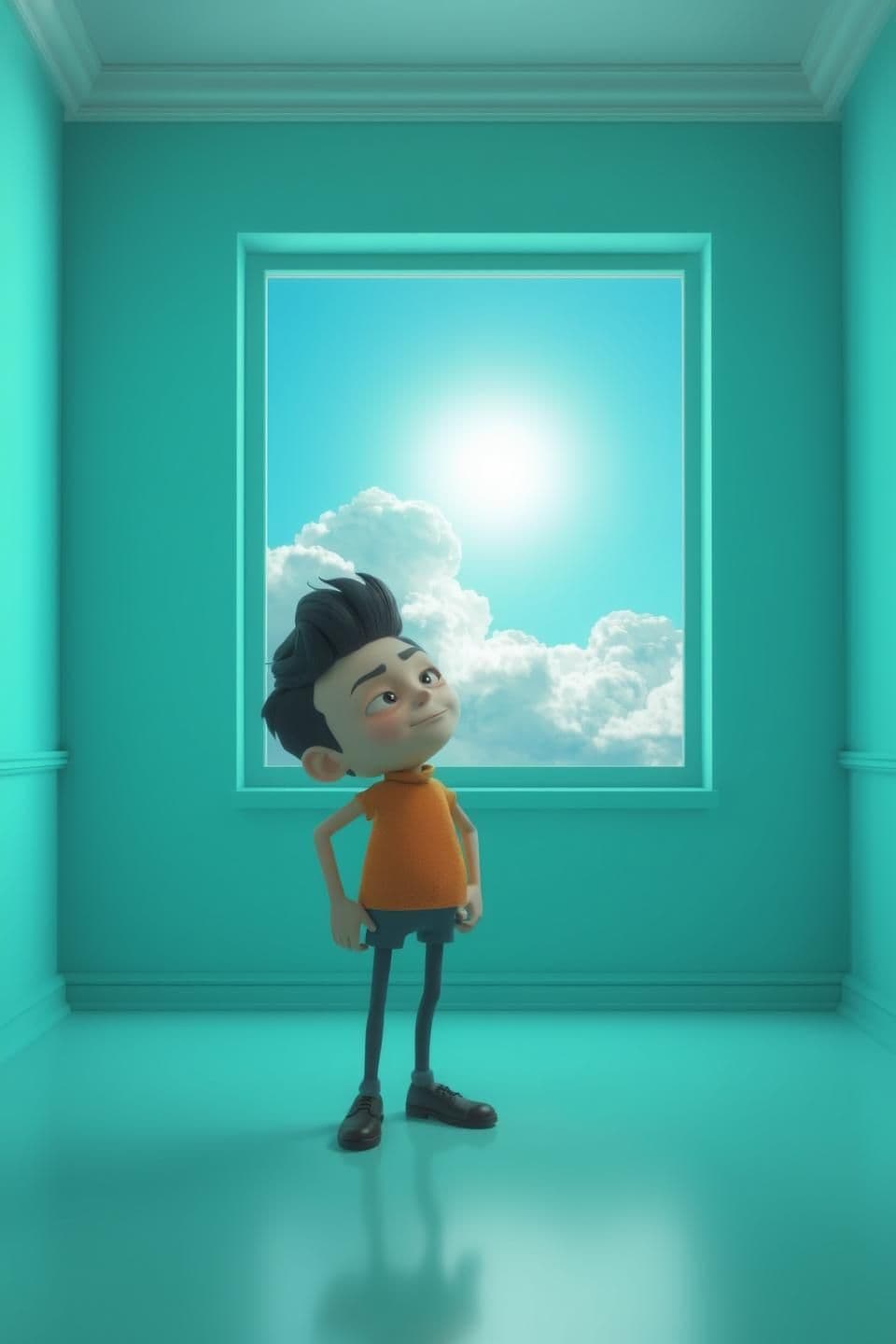 AI generated: A 3D semi-realistic character stands in a bright teal room, squinting suspiciously at a perfectly sunny sky visible through a window; exaggerated storm clouds creep in behind them