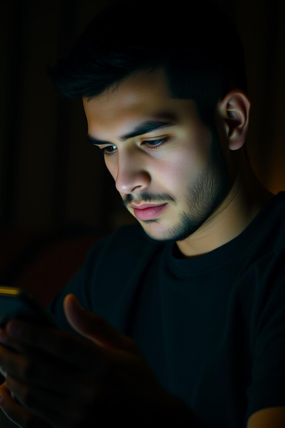 AI generated: 9:16 vertical video, the same young man, short black hair, light beard, simple dark t-shirt, sitting in dim warm warm light, close-up of tired eyes, scrolling smartphone, slight ha