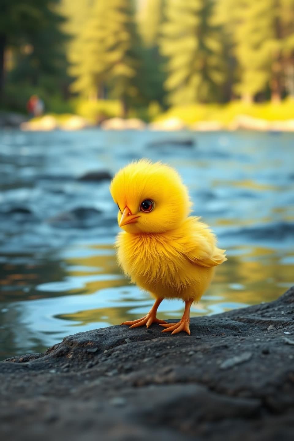 AI generated: 3D VFX cinematic shot, same yellow chick character, small fluffy bright-yellow feathers, big cute eyes, standing near a sunny riverside, gentle wind, realistic water reflections, n