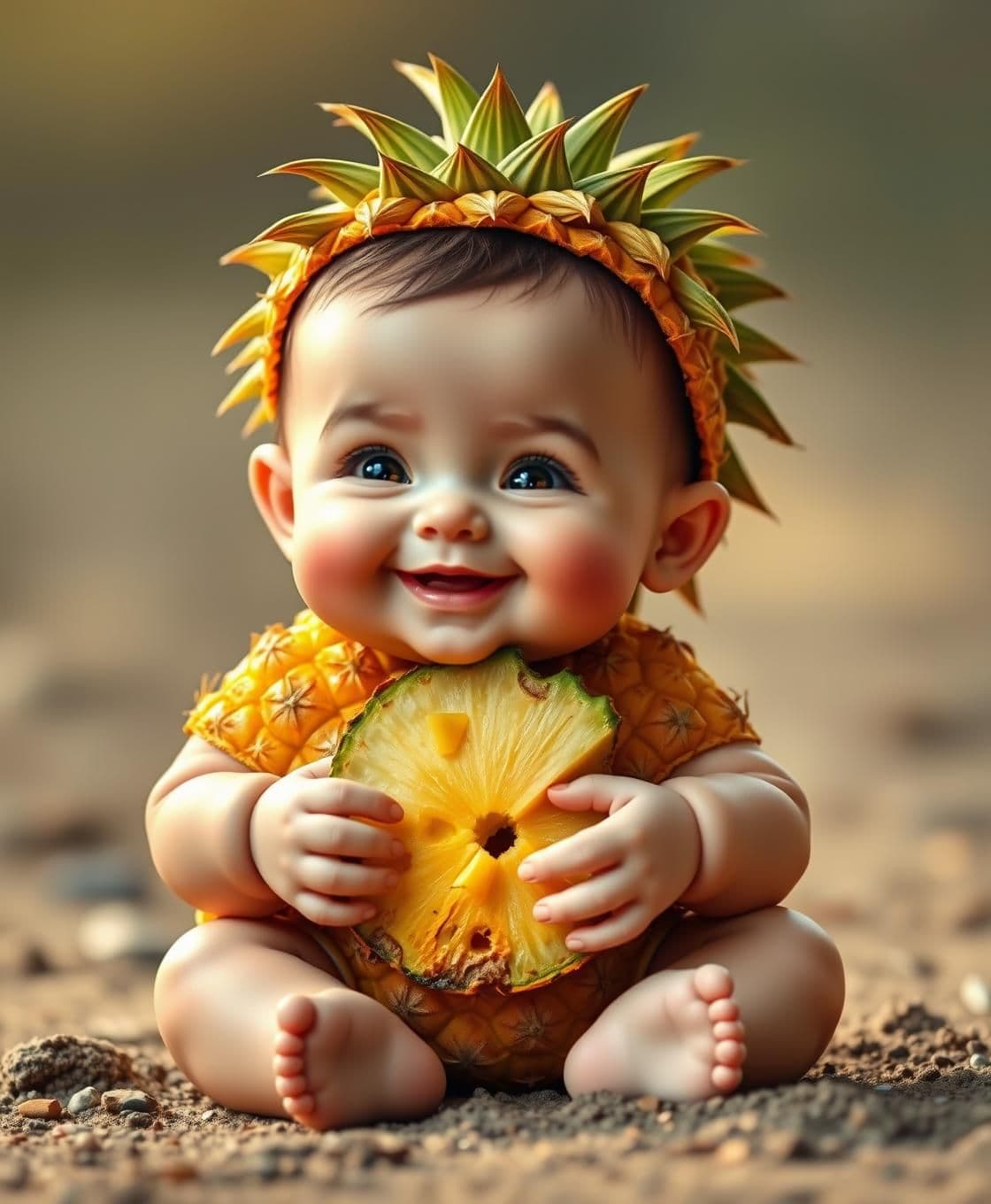 AI generated: A cute baby boy sitting like a human, but his body is shaped like a pineapple. The pineapple has a golden-yellow textured body with a green spiky crown on top like hair. The pineap