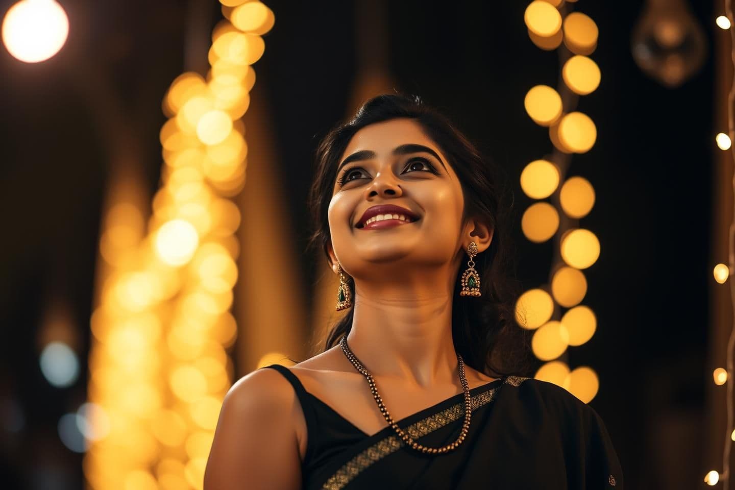 AI generated: Use the uploaded reference image as the main base. Ultra-realistic cinematic portrait of a young women standing near glowing string lights at night. The women is wearing a stylish