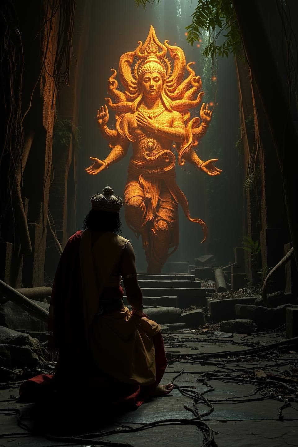 AI generated: "A 13th-century South Indian King, dressed in rich, simple royal attire, kneels in a lush, ancient, and dimly lit rainforest. In front of him, a divine, powerful figure (Panjurli D