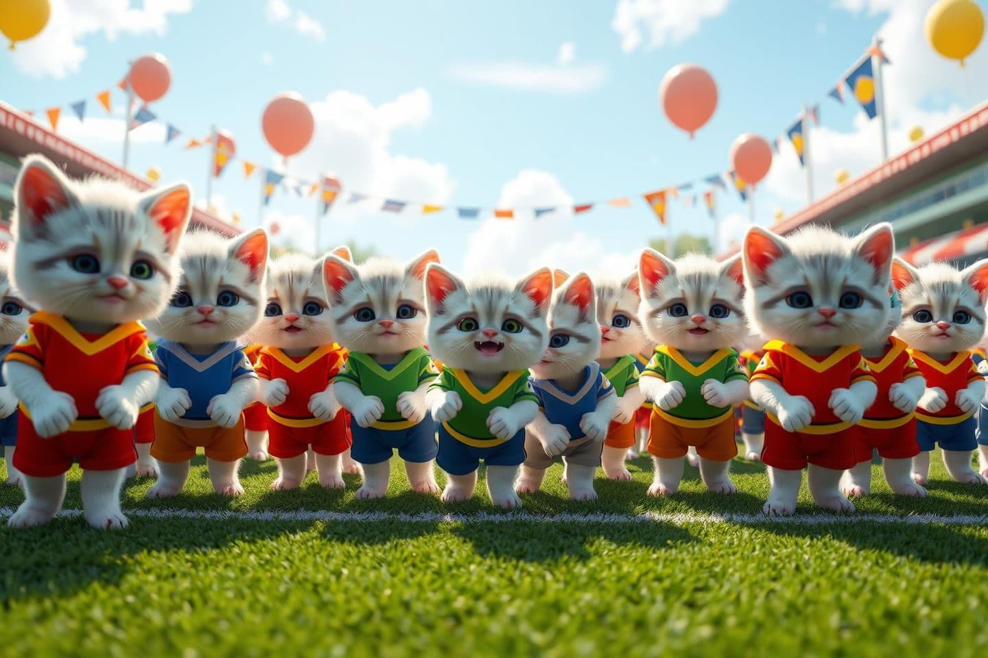 AI generated: Ultra realistic Pixar-style, a cheerful school sports ground filled with tiny white-fur kitten kids wearing colorful sports uniforms, age 4, balloons, flags, playful environment, s