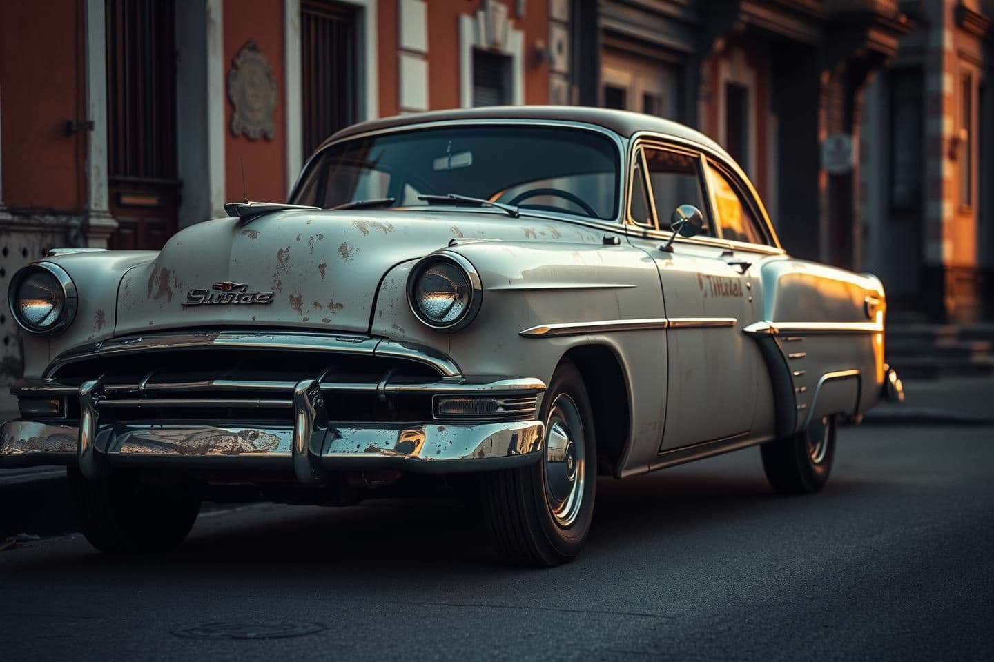 AI generated: “A beautifully aged vintage car parked on a quiet old street, faded paint, light rust texture, chrome details shining softly, nostalgic 1950s vibe, warm golden-hour sunlight, cinem