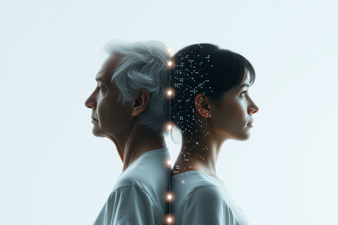 AI generated: People standing apart connected only by faint glowing lines in the air, white minimal background, conceptual internet connectivity visualization face split vertically, one side nat