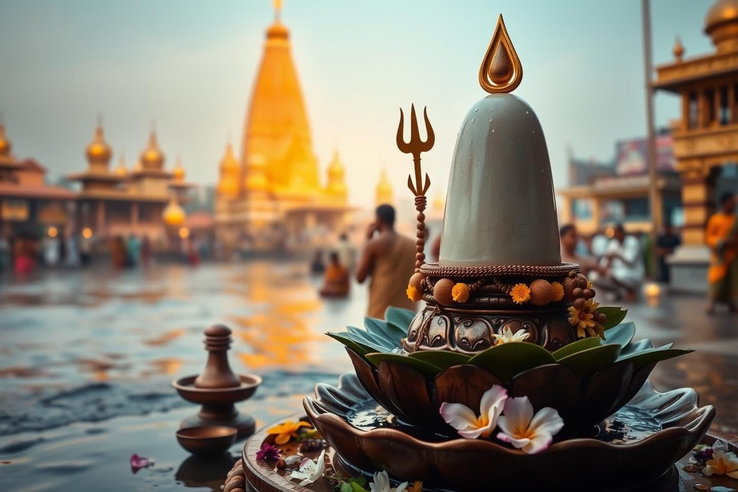 AI generated: A divine 16:9 YouTube thumbnail showing an authentic Indian-style Shiva Lingam placed on a traditional yoni base, decorated with fresh bilva leaves, rudraksha, water droplets, and