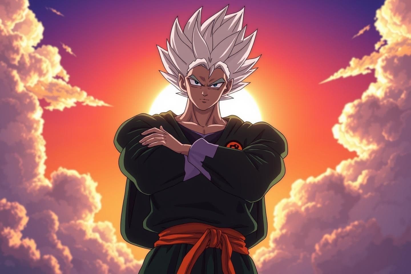AI generated: Anime-style character inspired by Dragon Ball Grand priest, standing with arms crossed against a bright sunset sky with clouds., spiky white hair glowing slightly, sharp facial fea