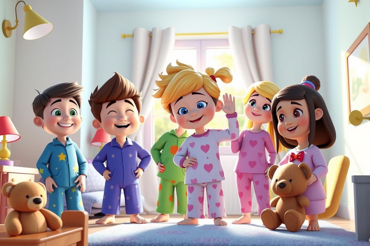 AI generated: 3D 4K cartoon style scene of four cheerful kids waking up in a bright, cozy toy world bedroom as morning sunlight streams through the window.
Characters:
Tom: 8 years old, 4’2” ta