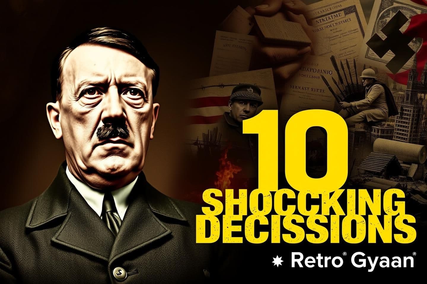 AI generated: “A dramatic, documentary-style YouTube thumbnail about ‘Hitler ke 10 Shocking Decisions’.
Center-left: a neutral, historical archival-style portrait of Adolf Hitler (non-glorified,