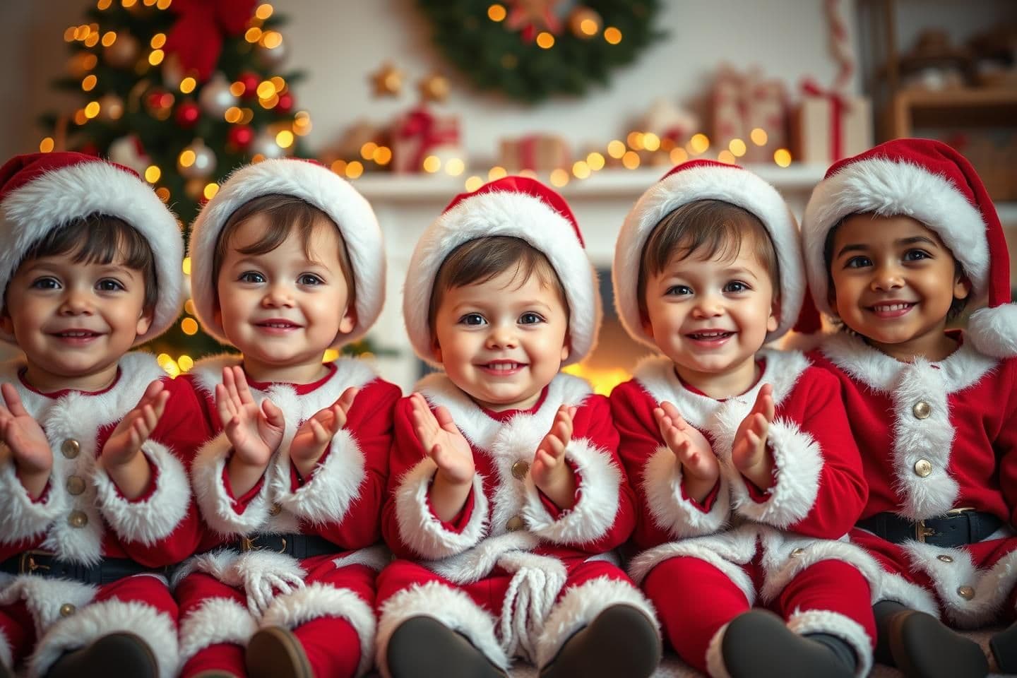 AI generated: super cute realistic toddlers wearing santa costumes, sitting together in a row, clapping hands, big happy smiles, soft studio lighting, christmas tree and gifts in background, war