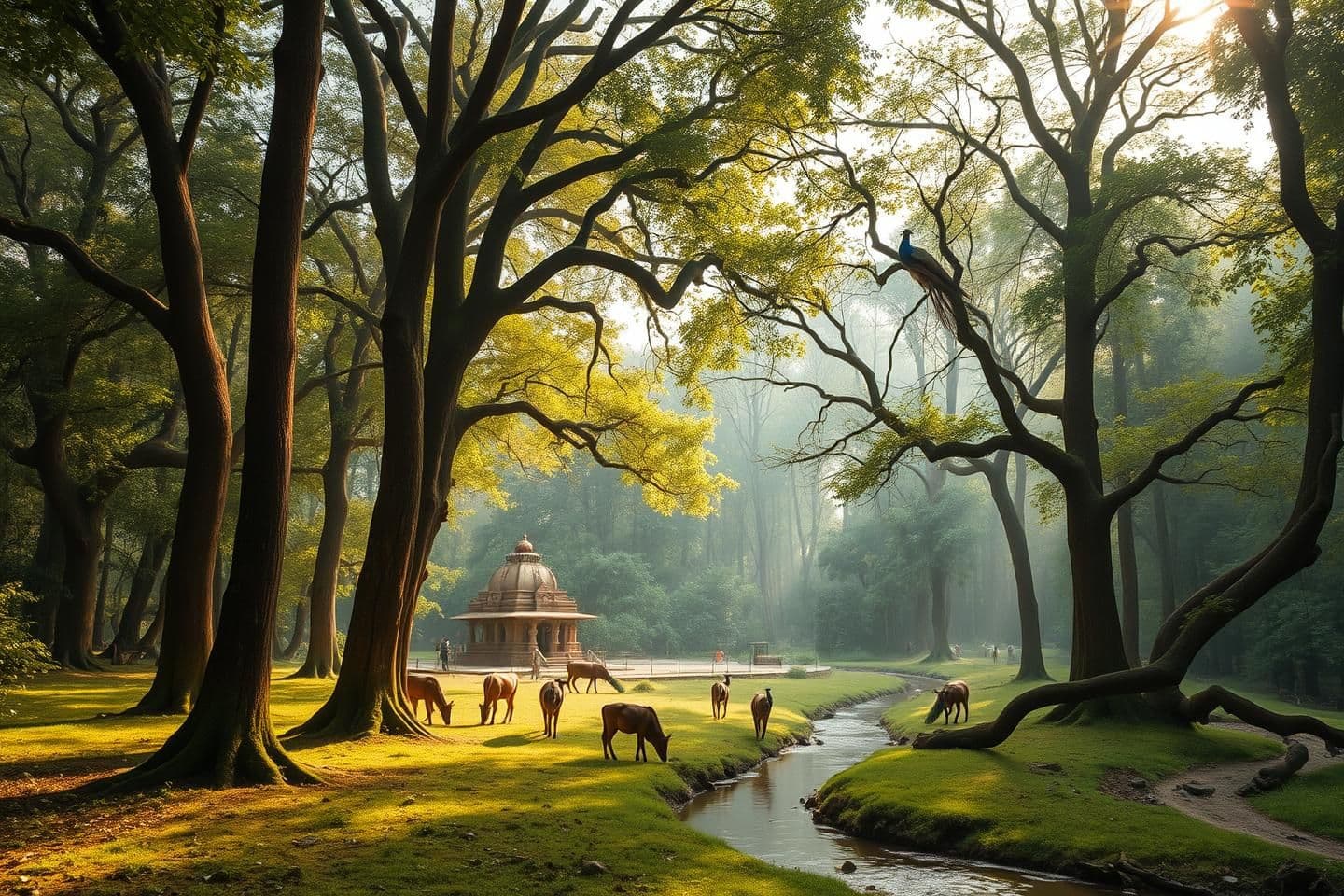 AI generated: “A serene and realistic Vrindavan forest scene with tall kadamba trees, gentle sunlight filtering through leaves, a small ancient temple hidden among greenery, cows and calves graz