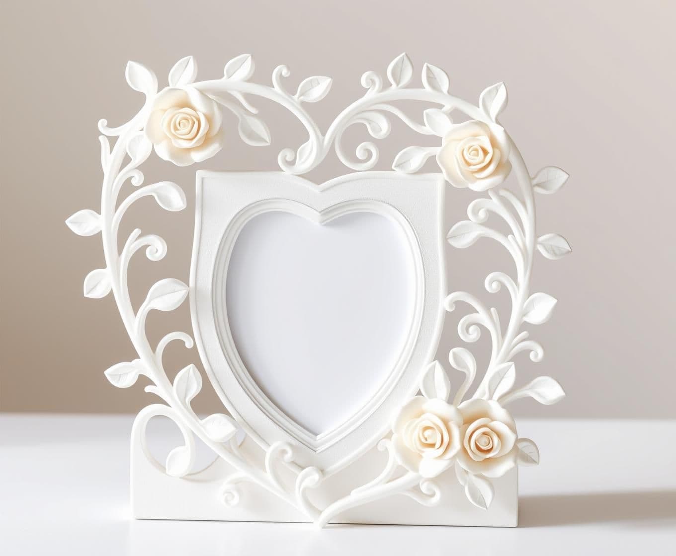 AI generated: Well structured Heart shape and A beautiful 3D printed photo frame with flowing organic vines and delicate roses, art nouveau style, seamless continuous design, matte white PLA mat