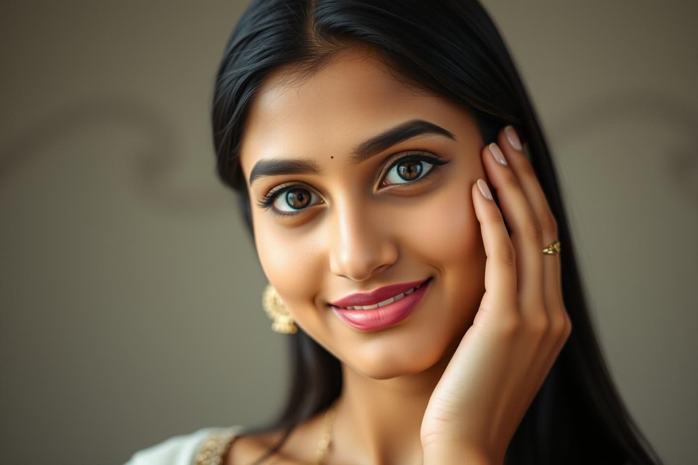 AI generated: beautiful Indian woman in her late 20s with expressive almond-shaped brown eyes, long silky black hair, graceful posture, and an intelligent yet dreamy expression. Her face is oval