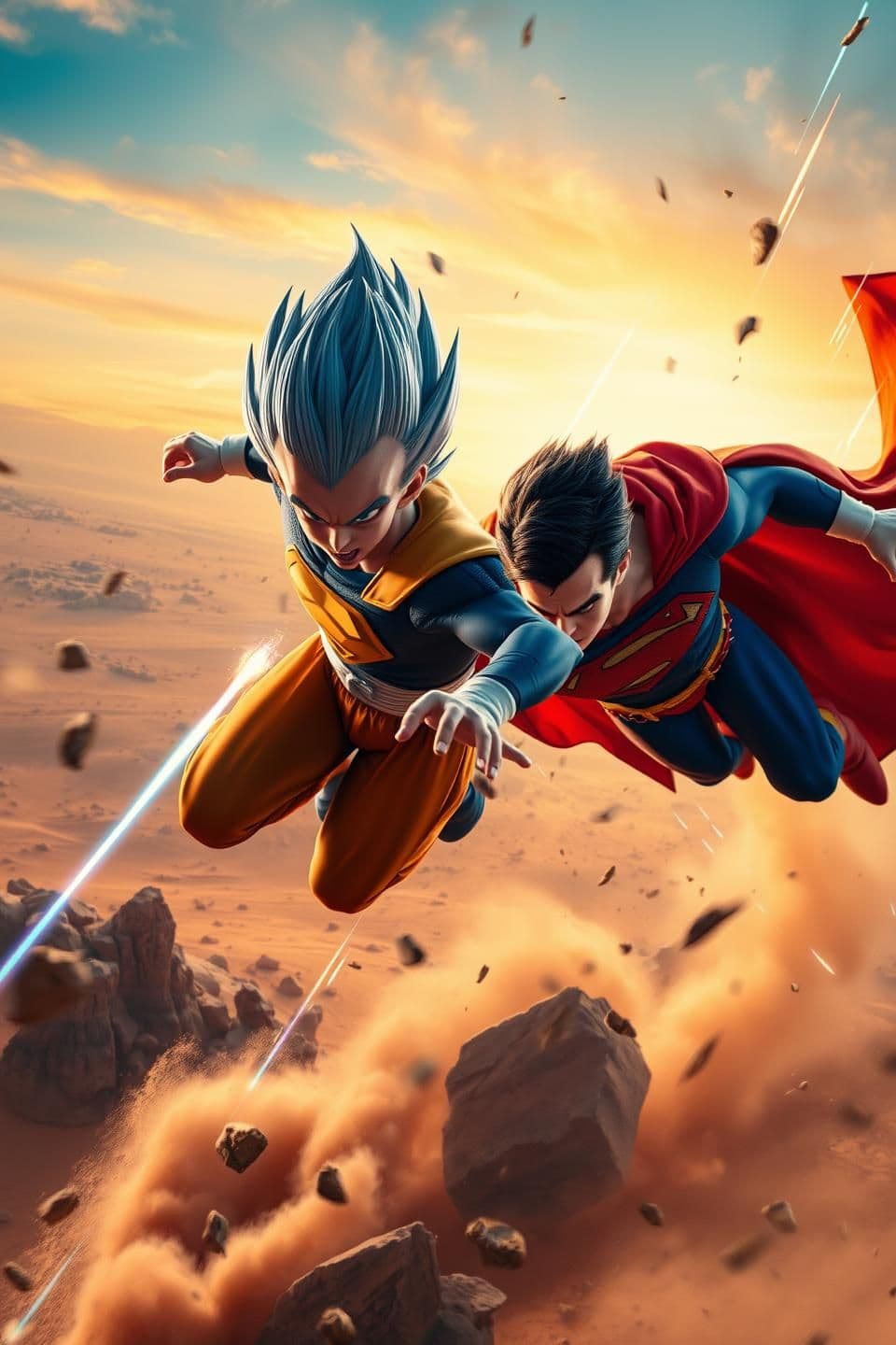 AI generated: Cinematic, high-detail action scene.
Vegeta and Superman zoom through the air above the desert, leaving trails of blue and red energy. Rocks and dust spiral below from the shockwav