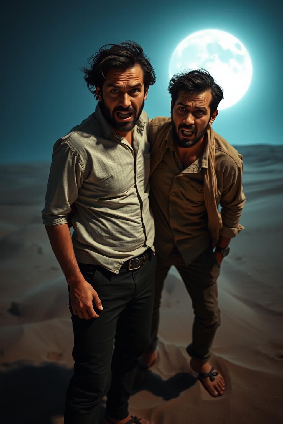 AI generated: Two men standing close together in a vast morning desert, both looking terrified with wide eyes and tense body language.
A faint ghostly silhouette or shadowy figure behind them,