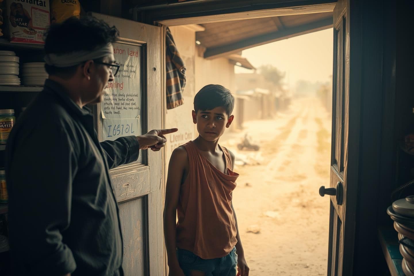 AI generated: “Poor teenage boy wearing torn clothes standing inside a small general store, shopkeeper angrily pointing toward the door, telling him to leave. Boy looks hurt and embarrassed. Dus