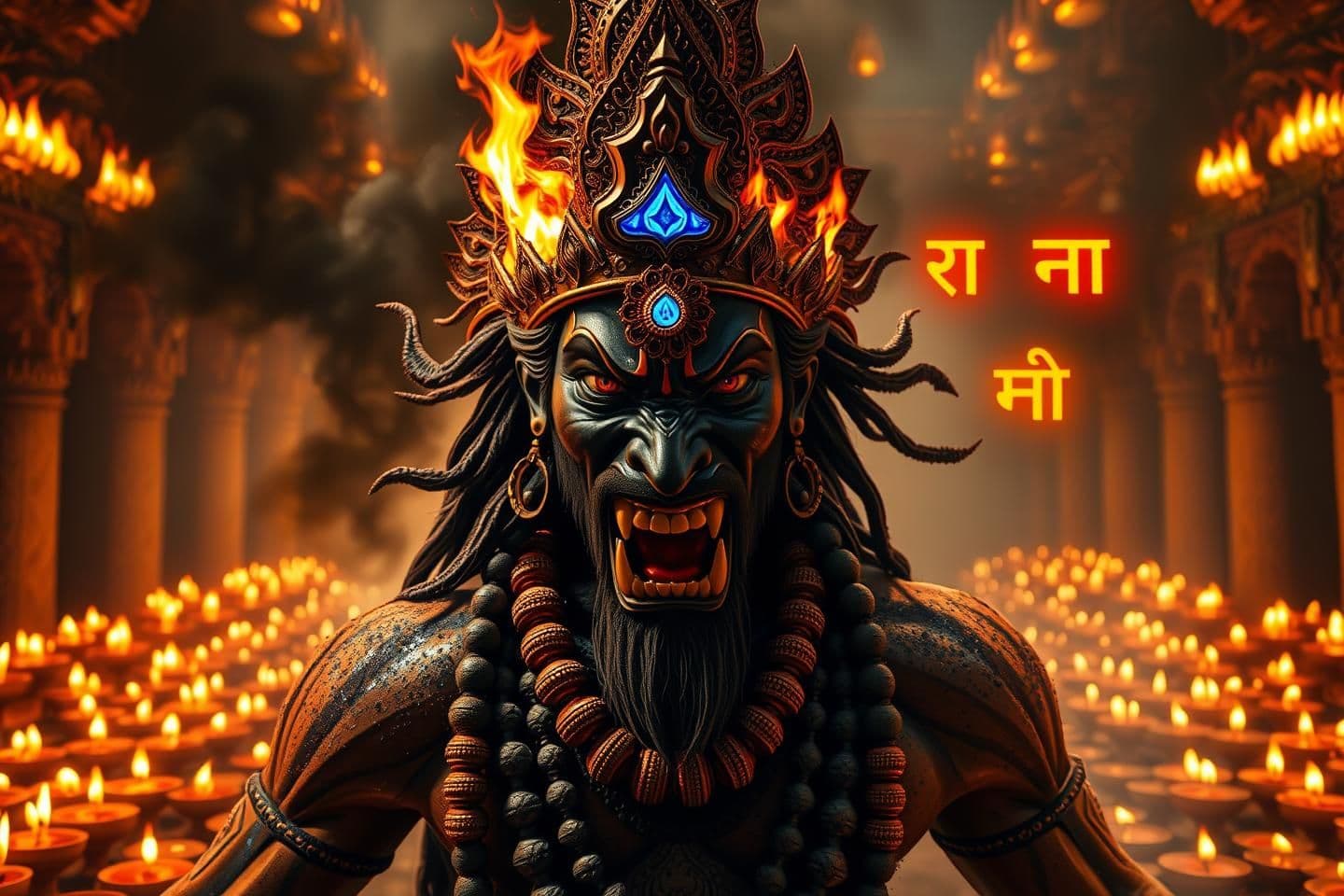 AI generated: Ultra-realistic angry Rudra Hanuman in Mahakal form.
Black smoke behind him, trinetra (third eye) opening with fiery blue flame.
Body covered with sacred ash, Vibhuti, and glowin