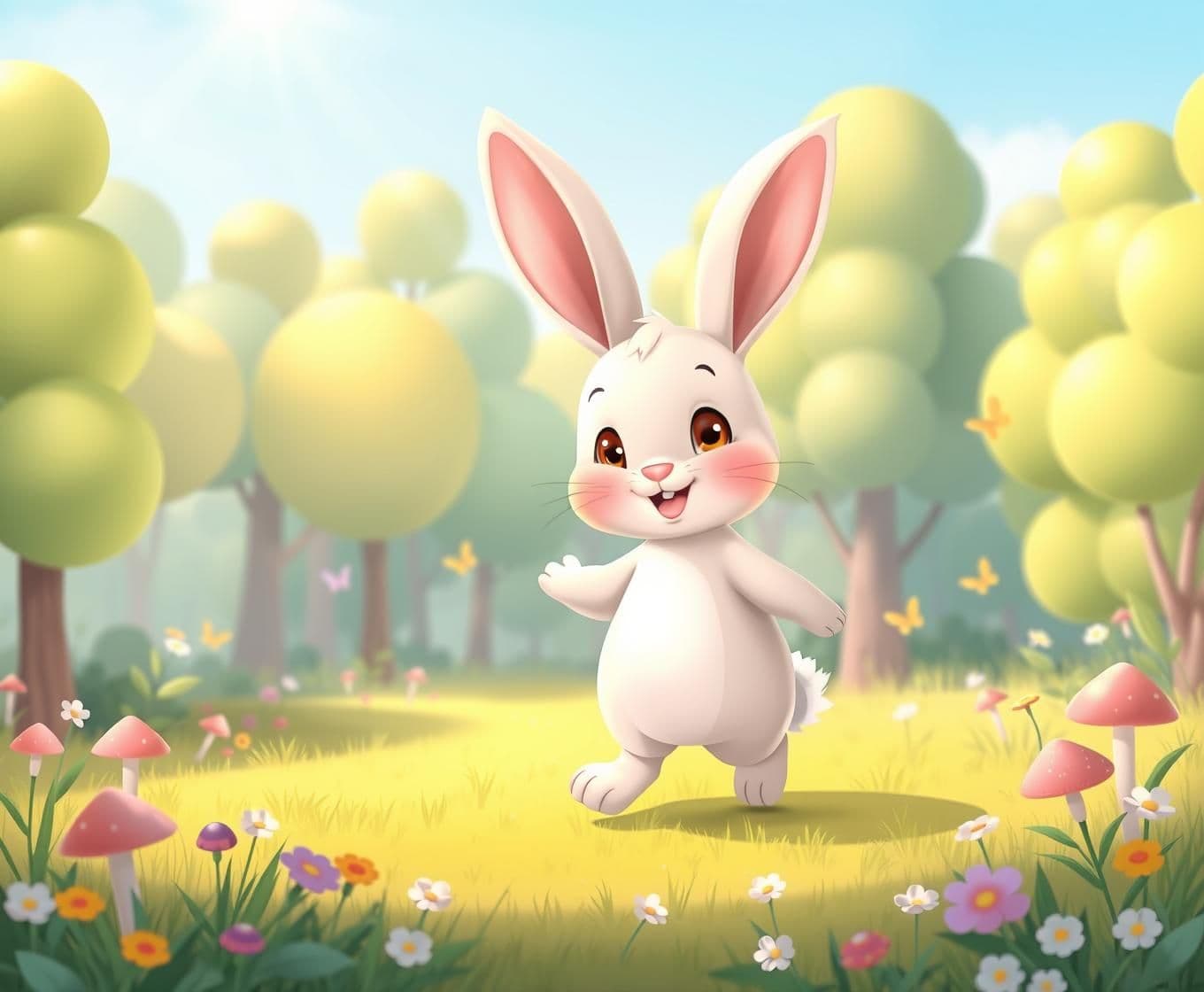 AI generated: “Cute baby rabbit named Riri, medium-sized, walking happily through a bright, cheerful forest. She has a joyful expression, soft pastel fur, big round eyes, and chubby cute proport