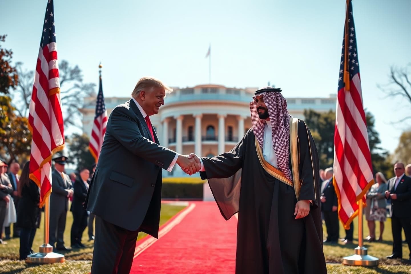 AI generated: “A grand welcome scene at the White House lawn. Former U.S. President Donald Trump smiling and extending a handshake to Saudi Crown Prince Mohammed bin Salman. Both standing on a r